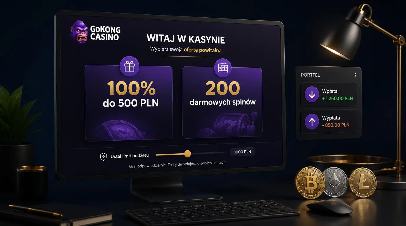 Panel oferty powitalnej 100% do 500 PLN i 200 darmowych spinów obok symboli płatności kryptowalutowych