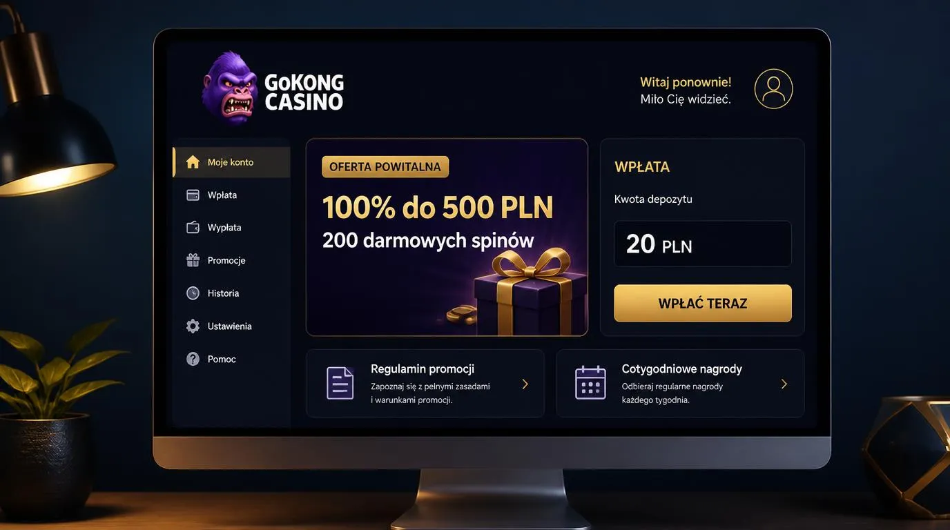 Panel oferty powitalnej 100% do 500 PLN i 200 darmowych spinów obok pola depozytu 20 PLN